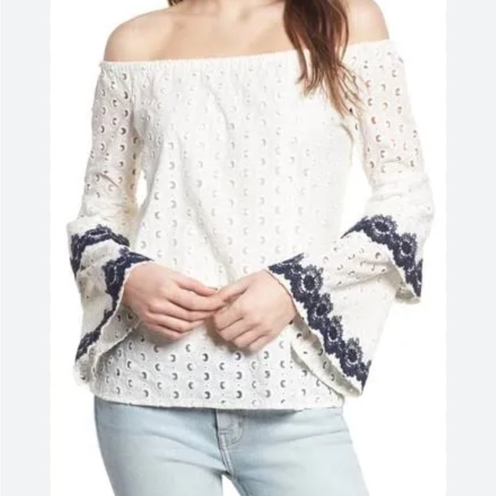 Bailey44 White Eyelet Off Shoulder Phlox Bell Sleeve Blouse - Picture 3 of 7